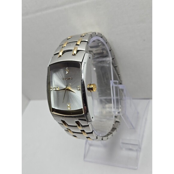 Mens Elgin Two Tone Rectangle Tank Quartz Watch Diamond Accent 33mm New Battery - Picture 2 of 11